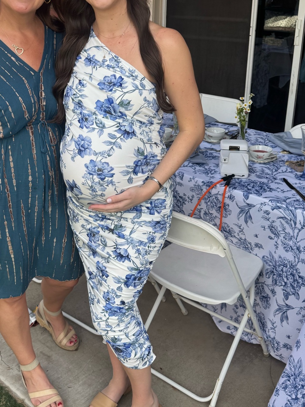 Club L London White One-Shoulder Maxi Dress with Blue Floral Print Maternity - Picture 5 of 5